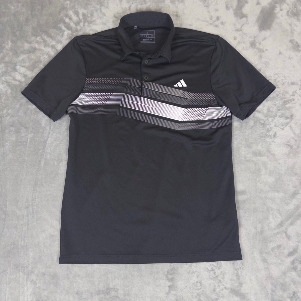 Adidas Polo Shirt Mens Small Black Graphic Short Sleeve Golf Activewear Athletic
